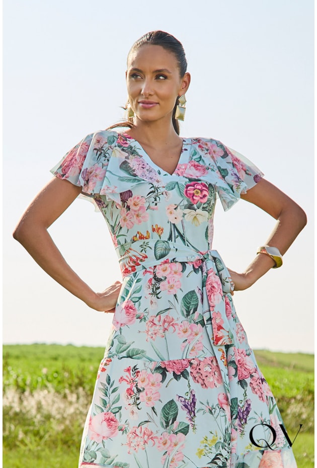 VESTIDO MANGAS BABADO FLORAL AZUL - JANY PIM VESTIDO MANGAS BABADO FLORAL AZUL - JANY PIM