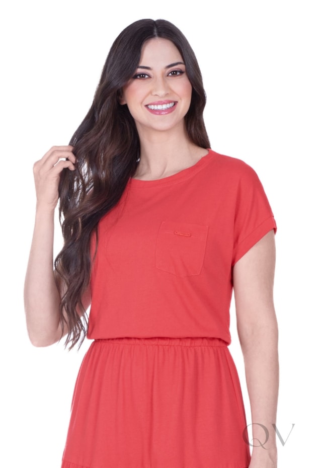VESTIDO MAX MIDI COM BOLSO FRONTAL EM MALHA DE ALGODÃO CORAL - HAPUK