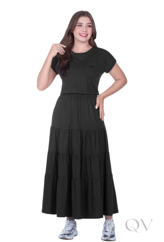 VESTIDO MAX MIDI COM BOLSO FRONTAL EM MALHA DE ALGODÃO PRETO - HAPUK