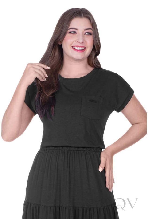 VESTIDO MAX MIDI COM BOLSO FRONTAL EM MALHA DE ALGODÃO PRETO - HAPUK