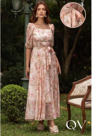 VESTIDO MAX MIDI EM CHIFFON TOQUE DE SEDA FLORAL ROSA - JANY PIM