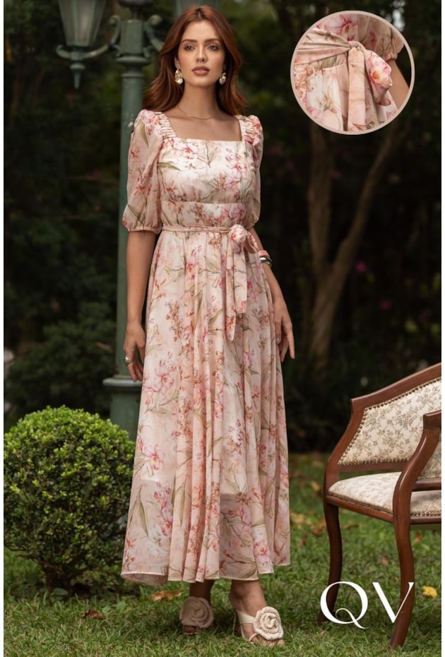 VESTIDO MAX MIDI EM CHIFFON TOQUE DE SEDA FLORAL ROSA - JANY PIM