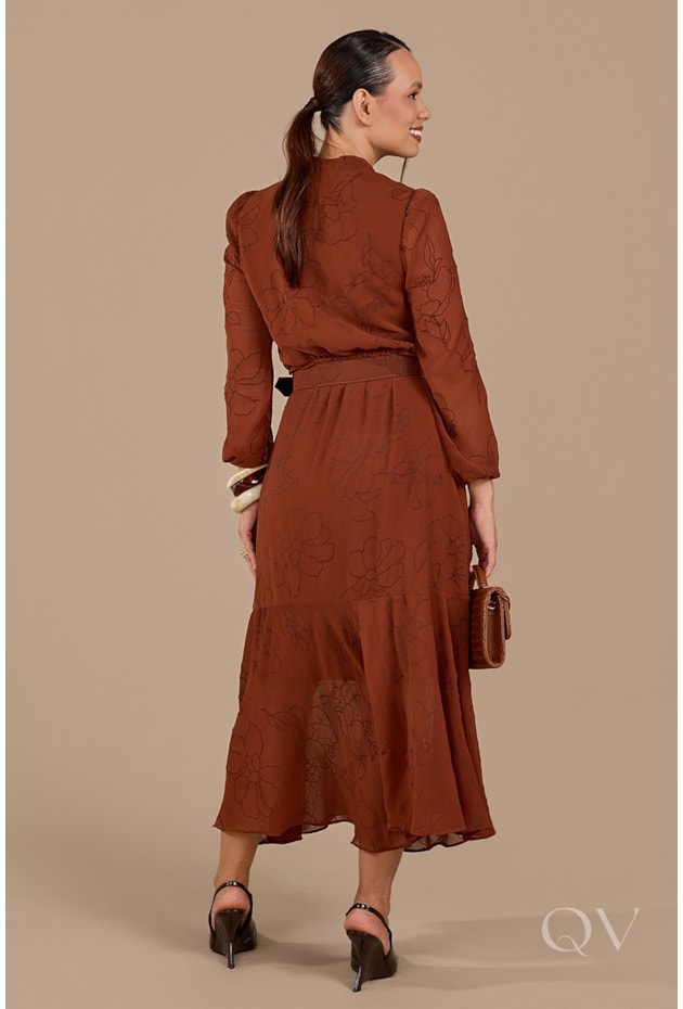 VESTIDO MAX MIDI GODÊ EM CHIFFON MARROM - JANY PIM