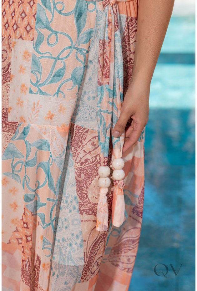 VESTIDO MAX MIDI GODÊ EM TULE FLORAL ESTAMPADO - JANY PIM