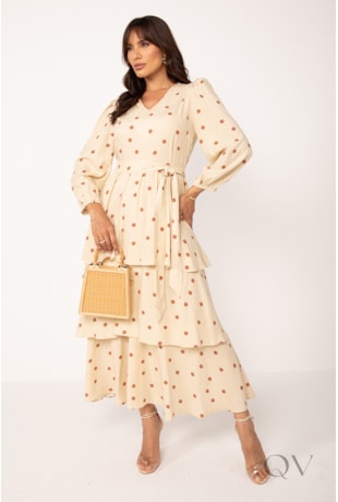 VESTIDO MAXI MIDI COM BABADOS EM VISCOSE POÁ BEGE E MOCHA - LEKAZIS