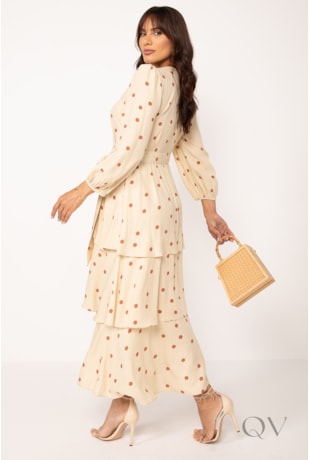 VESTIDO MAXI MIDI COM BABADOS EM VISCOSE POÁ BEGE E MOCHA - LEKAZIS