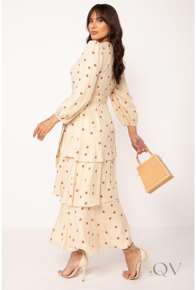 VESTIDO MAXI MIDI COM BABADOS EM VISCOSE POÁ BEGE E MOCHA - LEKAZIS