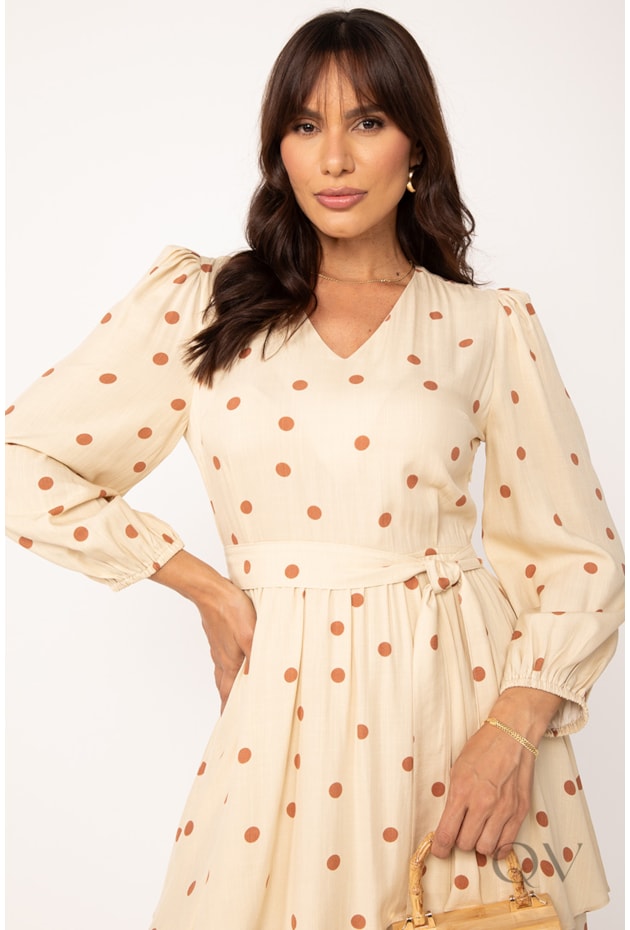 VESTIDO MAXI MIDI COM BABADOS EM VISCOSE POÁ BEGE E MOCHA - LEKAZIS