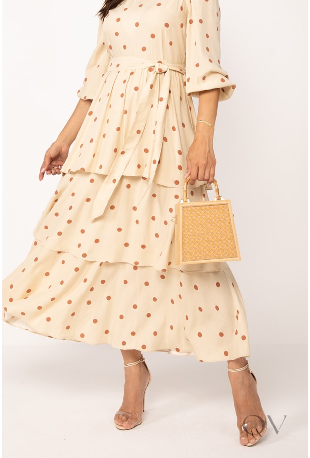 VESTIDO MAXI MIDI COM BABADOS EM VISCOSE POÁ BEGE E MOCHA - LEKAZIS