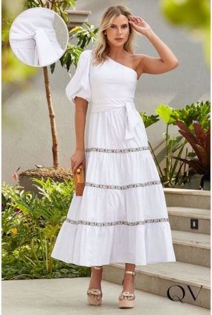 VESTIDO MAXI MIDI COM ENTREMEIOS BORDADOS BRANCO - LUZIA FAZZOLLI