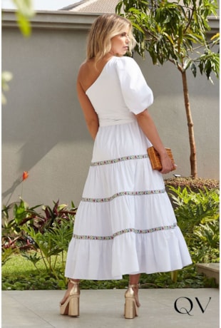 VESTIDO MAXI MIDI COM ENTREMEIOS BORDADOS BRANCO - LUZIA FAZZOLLI