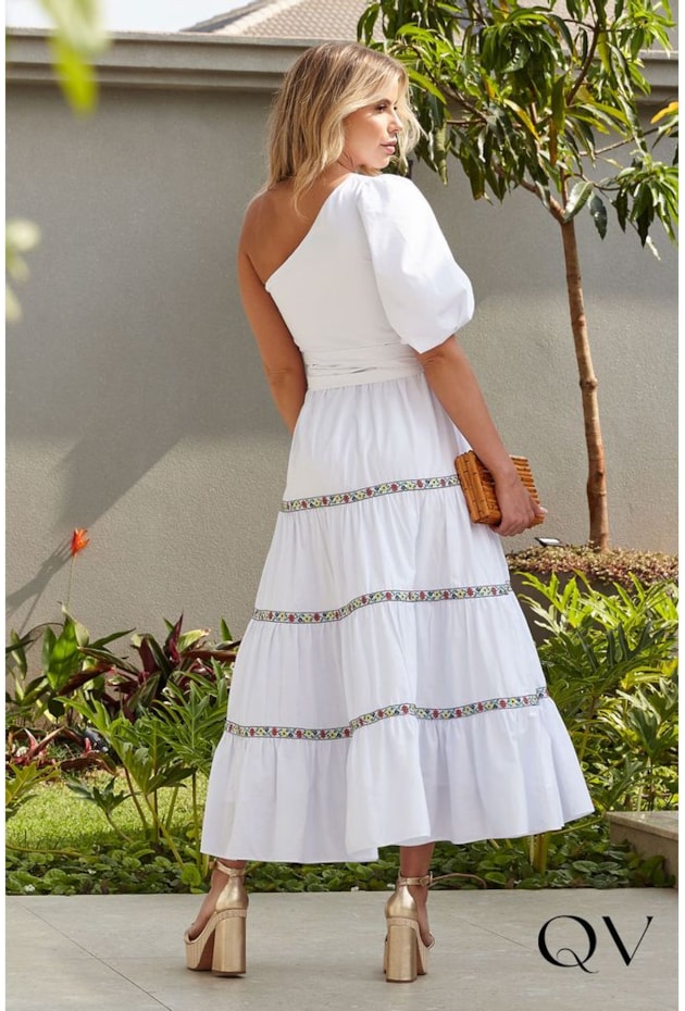 VESTIDO MAXI MIDI COM ENTREMEIOS BORDADOS BRANCO - LUZIA FAZZOLLI