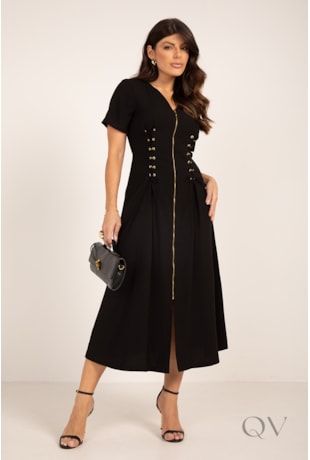 VESTIDO MAXI MIDI COM ILHÓS EM VISCOSE ALFAIATARIA PRETO - LEKAZIS