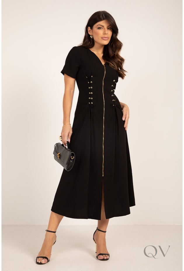 VESTIDO MAXI MIDI COM ILHÓS EM VISCOSE ALFAIATARIA PRETO - LEKAZIS