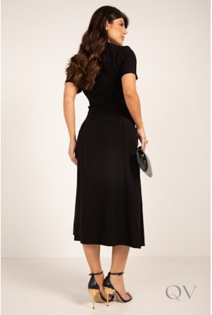 VESTIDO MAXI MIDI COM ILHÓS EM VISCOSE ALFAIATARIA PRETO - LEKAZIS