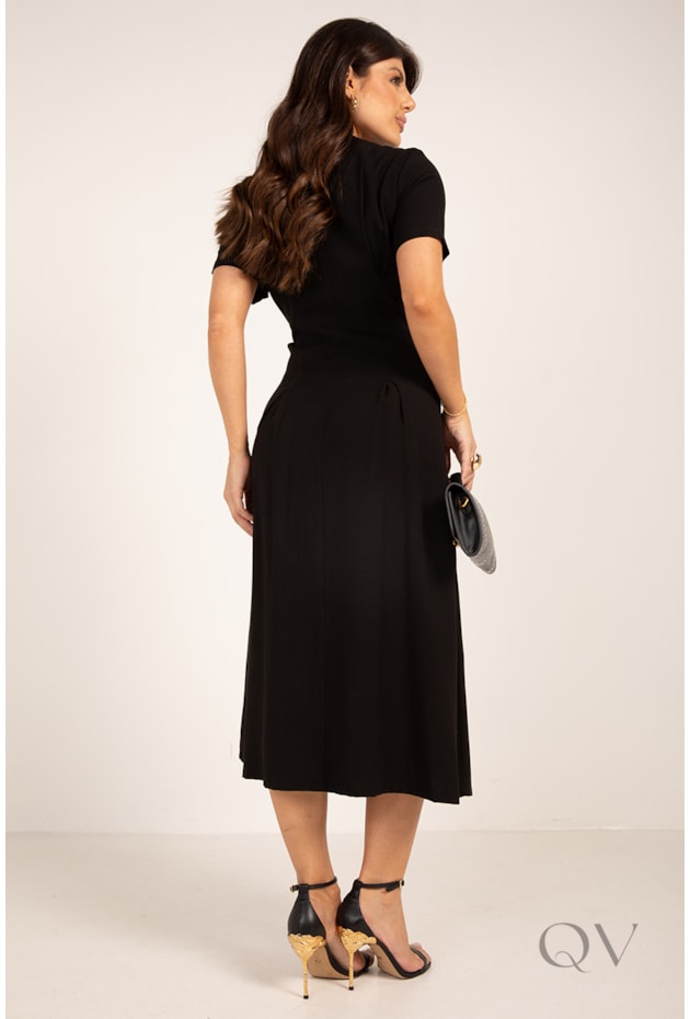 VESTIDO MAXI MIDI COM ILHÓS EM VISCOSE ALFAIATARIA PRETO - LEKAZIS