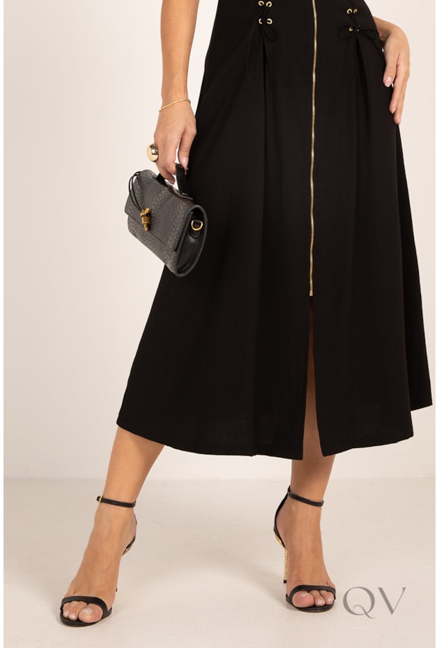 VESTIDO MAXI MIDI COM ILHÓS EM VISCOSE ALFAIATARIA PRETO - LEKAZIS