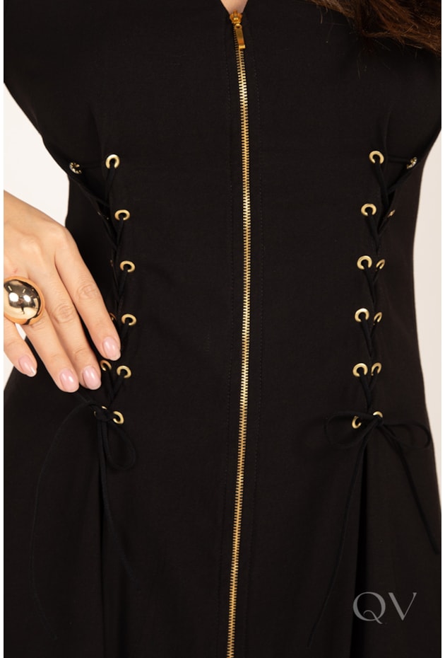 VESTIDO MAXI MIDI COM ILHÓS EM VISCOSE ALFAIATARIA PRETO - LEKAZIS