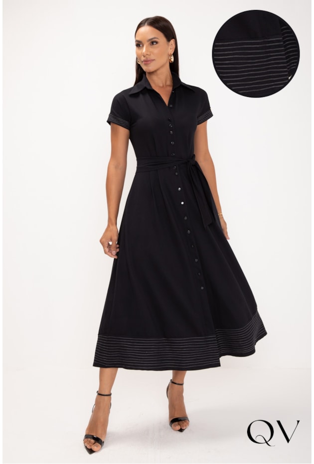 VESTIDO MAXI MIDI DE MALHA PESPONTADA PRETO - LEKAZIS