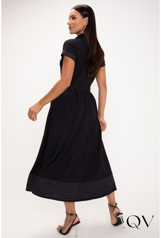 VESTIDO MAXI MIDI DE MALHA PESPONTADA PRETO - LEKAZIS