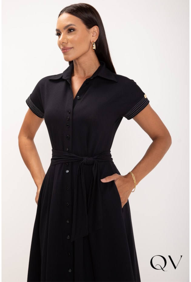 VESTIDO MAXI MIDI DE MALHA PESPONTADA PRETO - LEKAZIS