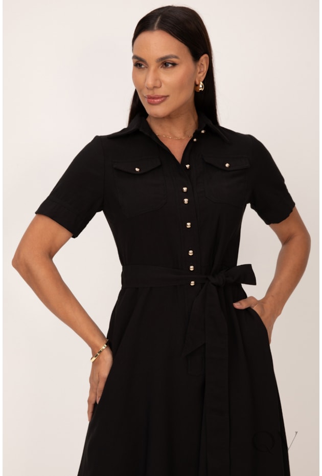 VESTIDO MAXI MIDI EM ALFAIATARIA PRETO - LEKAZIS