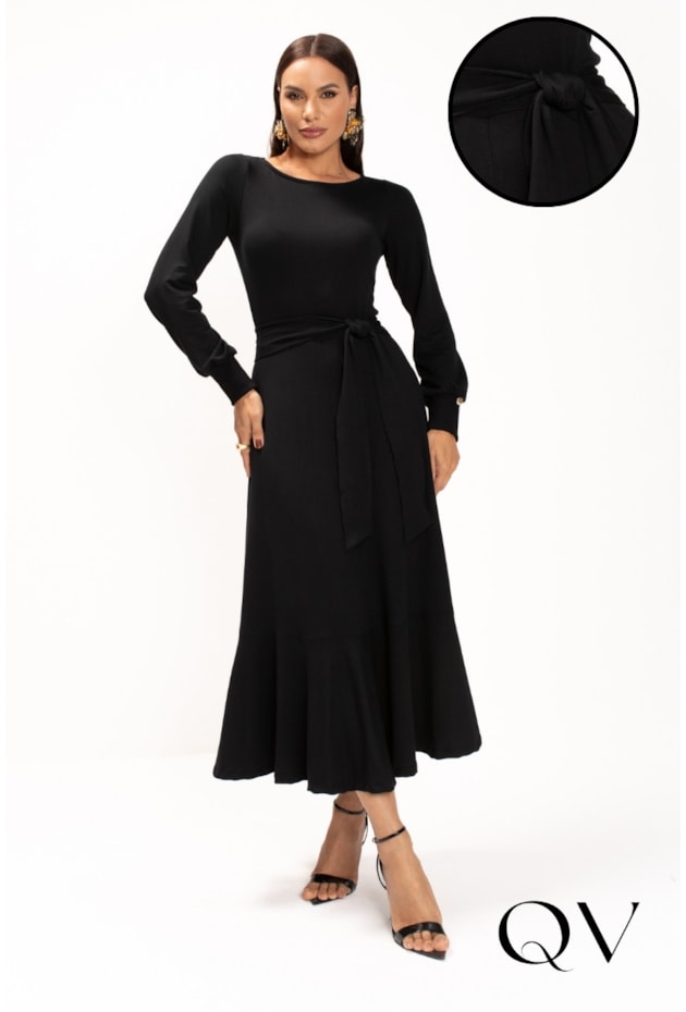 VESTIDO MAXI MIDI EM MALHA MOLETINHO PRETO - LEKAZIS