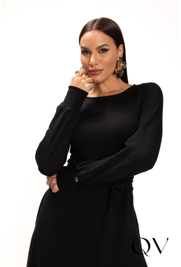 VESTIDO MAXI MIDI EM MALHA MOLETINHO PRETO - LEKAZIS