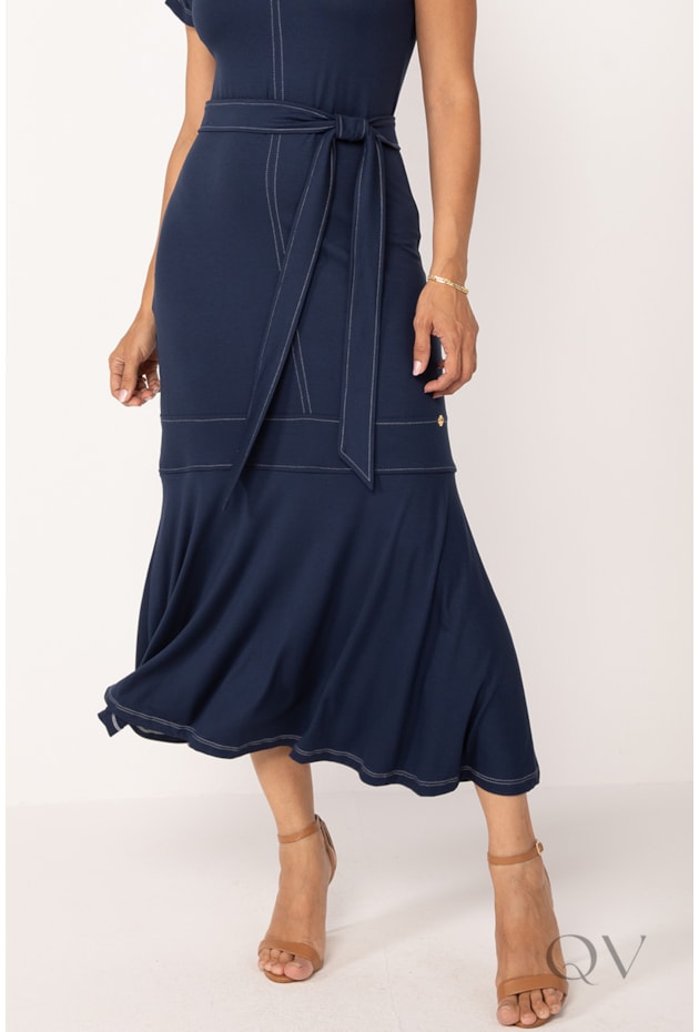 VESTIDO MAXI MIDI EM MALHA PESPONTADO MARINHO - LEKAZIS