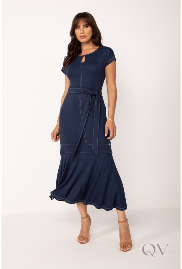 VESTIDO MAXI MIDI EM MALHA PESPONTADO MARINHO - LEKAZIS