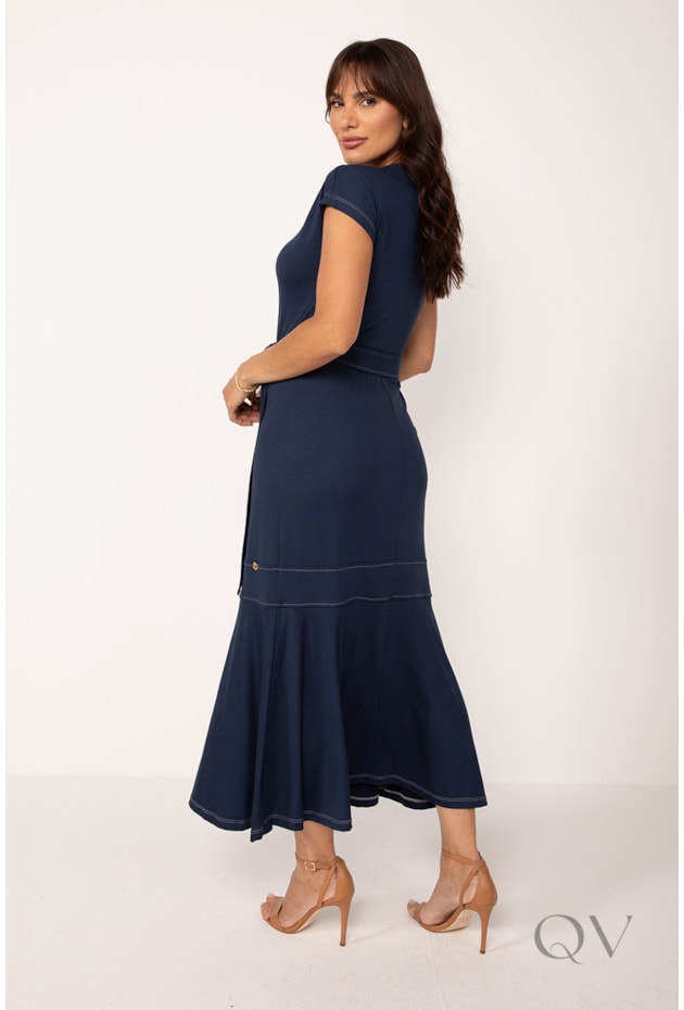 VESTIDO MAXI MIDI EM MALHA PESPONTADO MARINHO - LEKAZIS