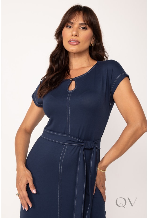 VESTIDO MAXI MIDI EM MALHA PESPONTADO MARINHO - LEKAZIS