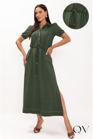 VESTIDO MAXI MIDI EM MALHA PIQUET VERDE MILITAR - LEKAZIS