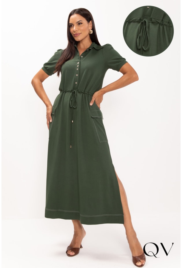 VESTIDO MAXI MIDI EM MALHA PIQUET VERDE MILITAR - LEKAZIS