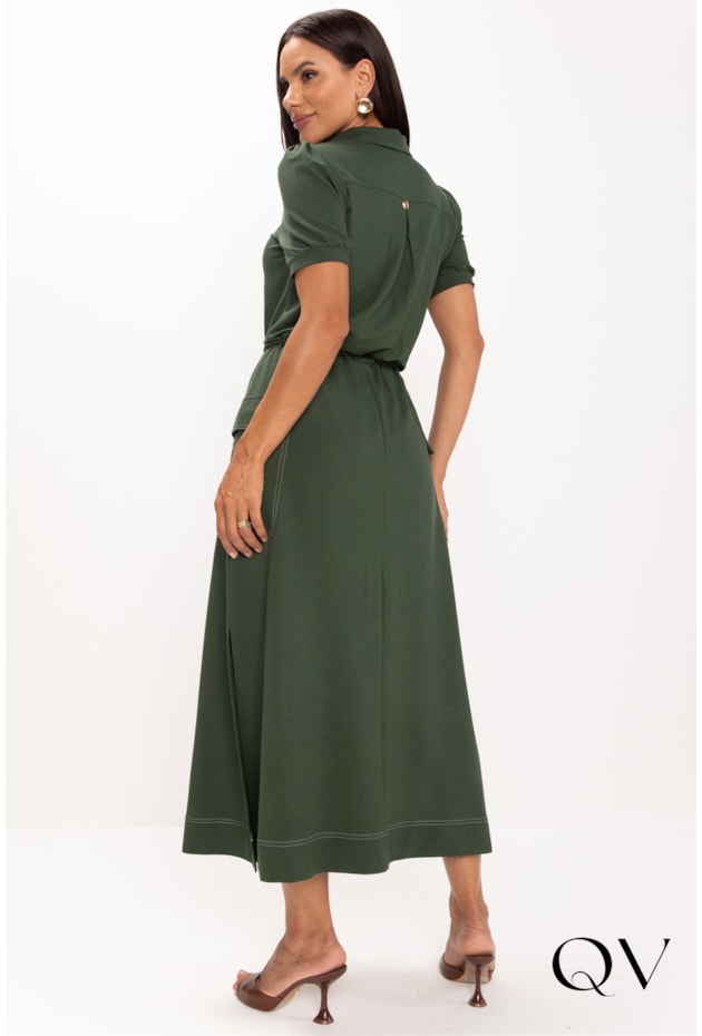 VESTIDO MAXI MIDI EM MALHA PIQUET VERDE MILITAR - LEKAZIS