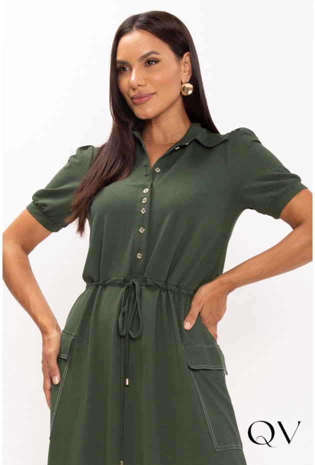 VESTIDO MAXI MIDI EM MALHA PIQUET VERDE MILITAR - LEKAZIS