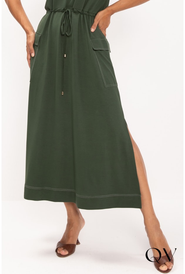 VESTIDO MAXI MIDI EM MALHA PIQUET VERDE MILITAR - LEKAZIS