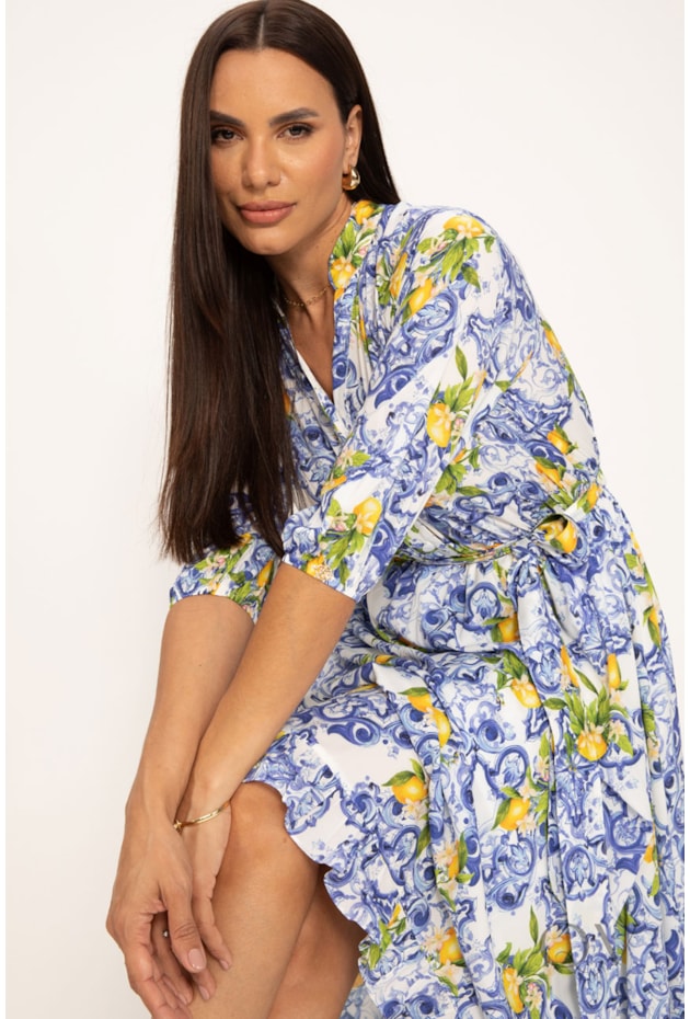 VESTIDO MAXI MIDI EM SOFT PLANO ESTAMPA LIMÕES - LEKAZIS