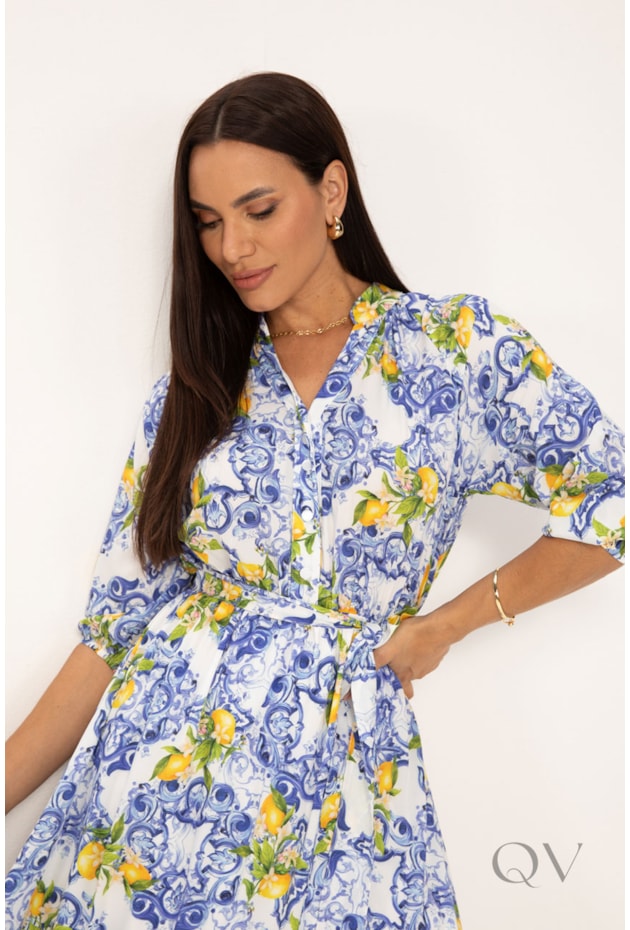 VESTIDO MAXI MIDI EM SOFT PLANO ESTAMPA LIMÕES - LEKAZIS