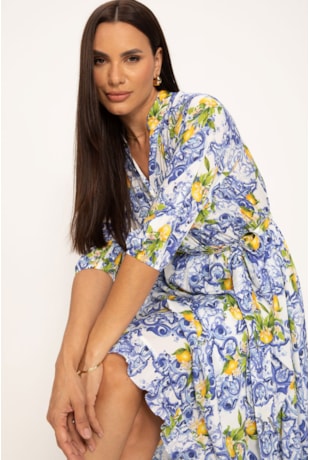 VESTIDO MAXI MIDI EM SOFT PLANO ESTAMPA LIMÕES - LEKAZIS