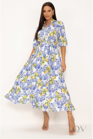 VESTIDO MAXI MIDI EM SOFT PLANO ESTAMPA LIMÕES - LEKAZIS