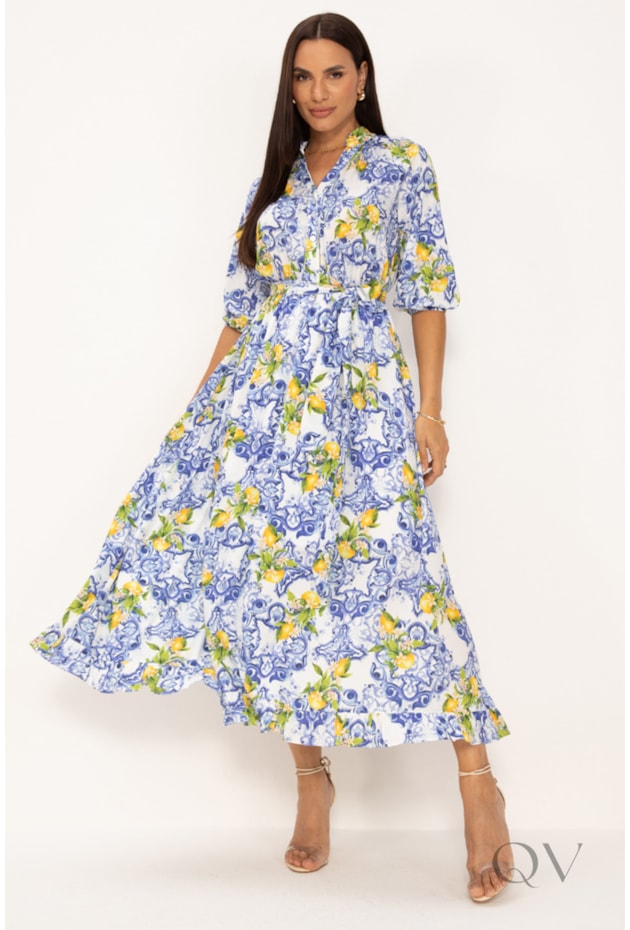 VESTIDO MAXI MIDI EM SOFT PLANO ESTAMPA LIMÕES - LEKAZIS