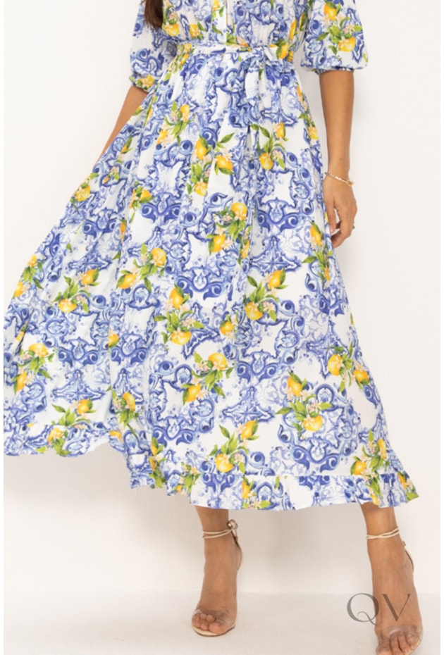 VESTIDO MAXI MIDI EM SOFT PLANO ESTAMPA LIMÕES - LEKAZIS