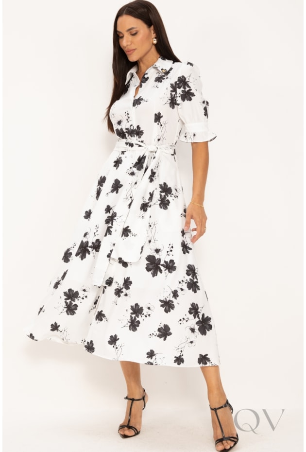 VESTIDO MAXI MIDI EM SUPER SOFT FLORAL P&B - LEKAZIS