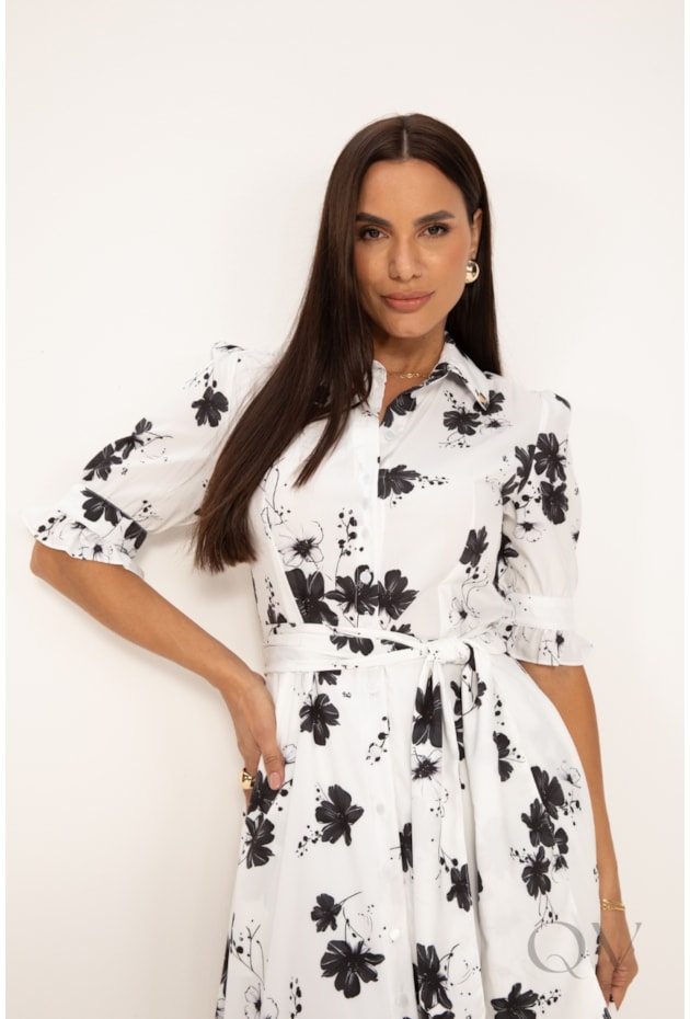VESTIDO MAXI MIDI EM SUPER SOFT FLORAL P&B - LEKAZIS