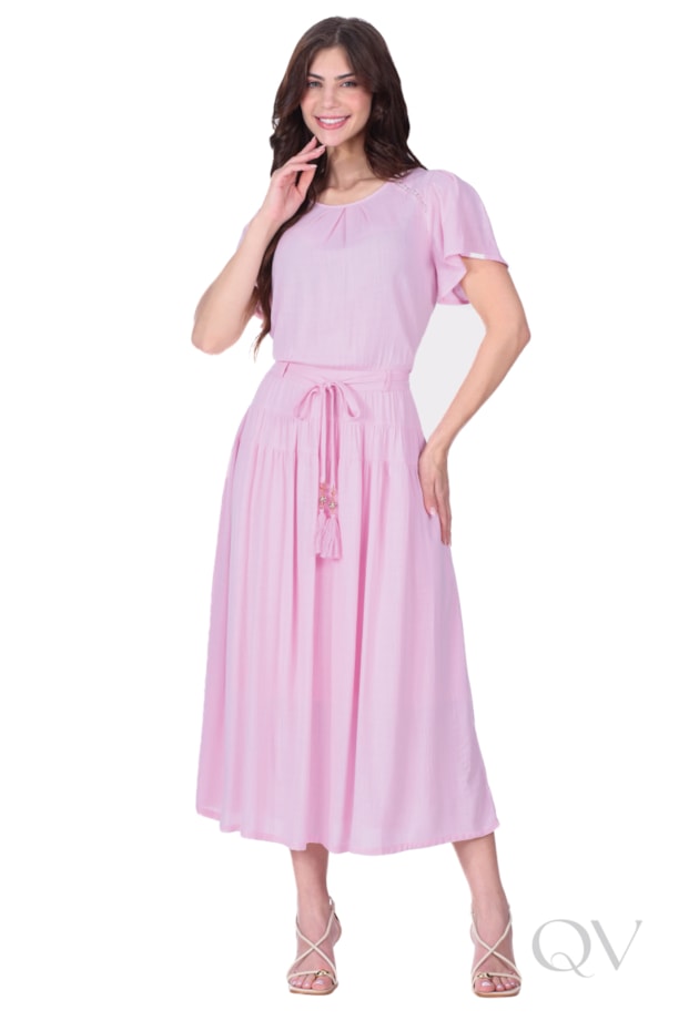 VESTIDO MAXI MIDI EM TECIDO PLANO DE VISCOSE ROSA - HAPUK
