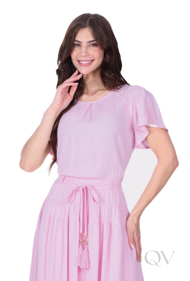 VESTIDO MAXI MIDI EM TECIDO PLANO DE VISCOSE ROSA - HAPUK