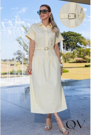 VESTIDO MAXI MIDI EM TRICOLINE CHEMISE AMARELO - LUZIA FAZZOLLI