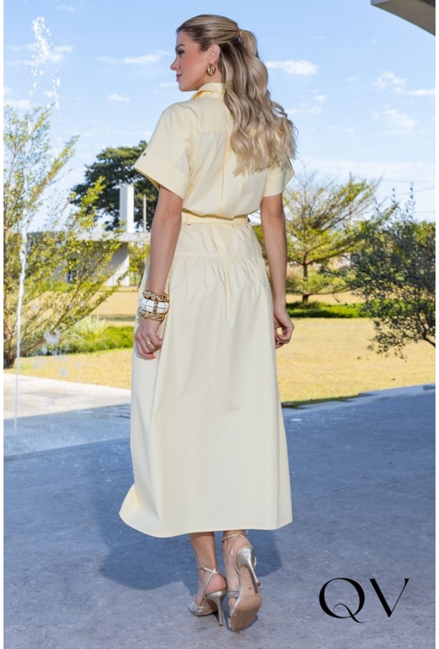VESTIDO MAXI MIDI EM TRICOLINE CHEMISE AMARELO - LUZIA FAZZOLLI