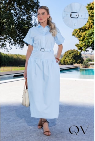 VESTIDO MAXI MIDI EM TRICOLINE CHEMISE AZUL - LUZIA FAZZOLLI